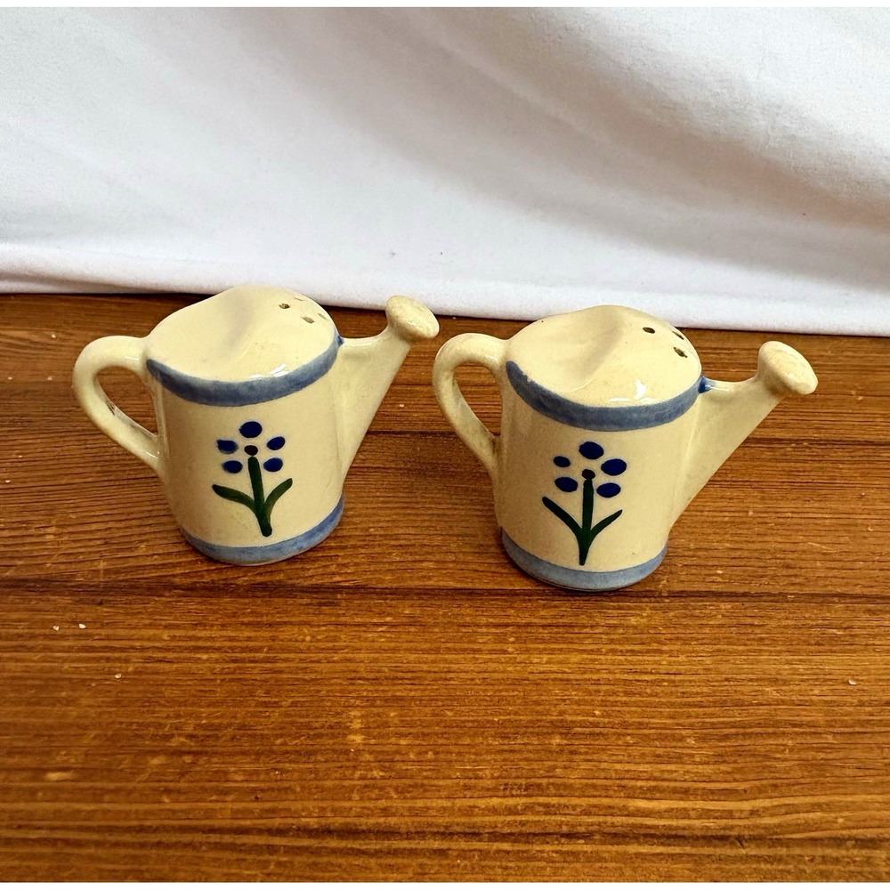 Ceramic Watering Can Salt & Pepper Shakers Set of 2 Blue Floral Garden 2.25"